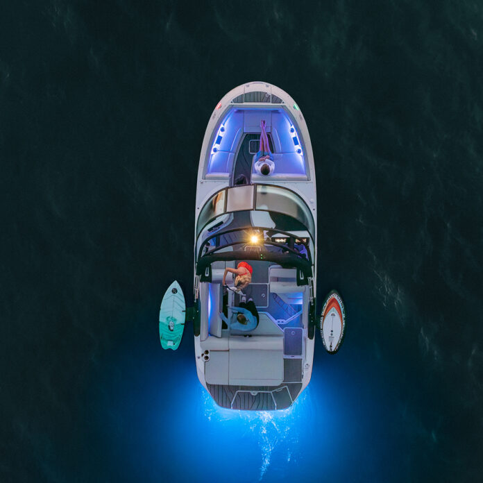 Aerial view of an SDX 230 Surf at twilight